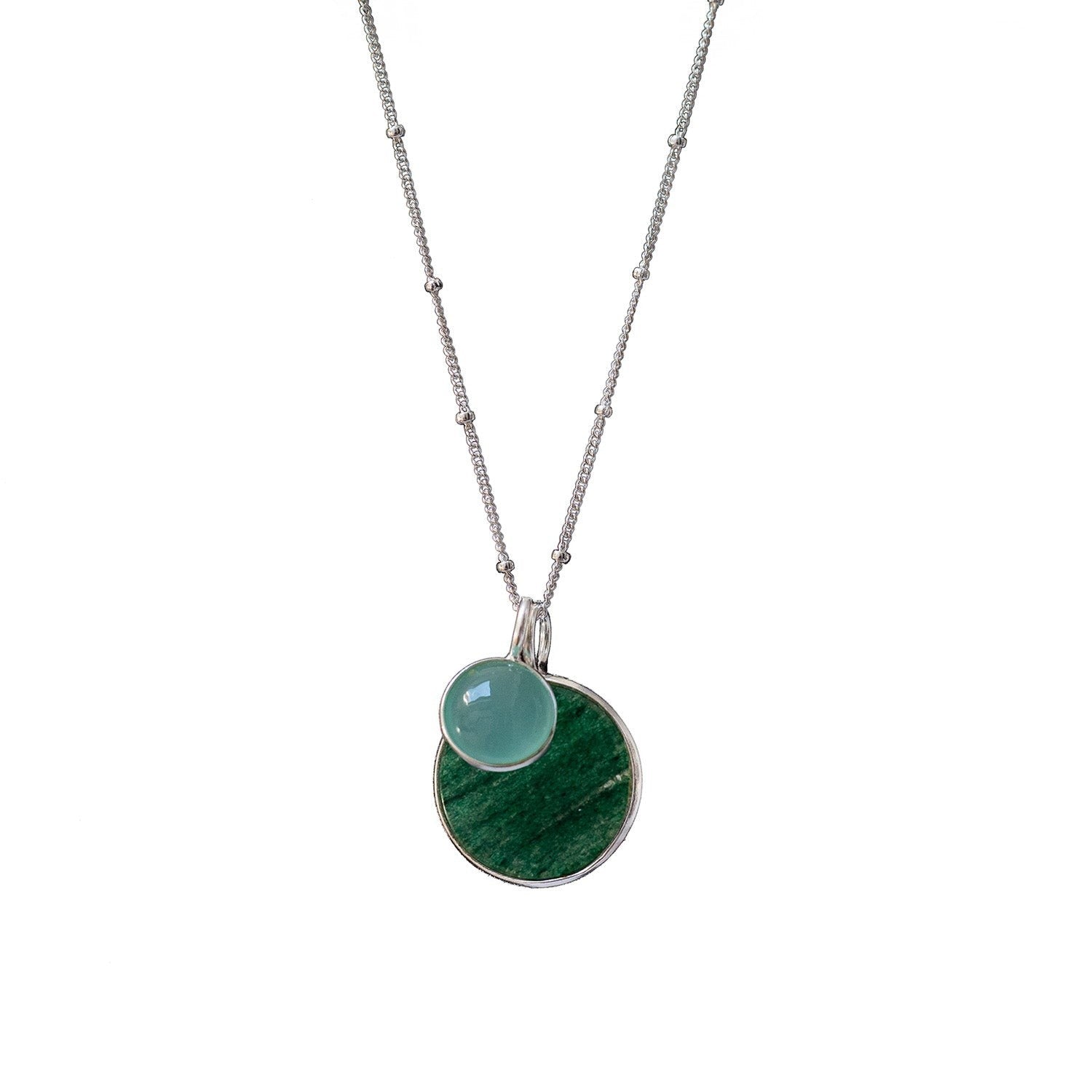 Mirabelle Jewellery Duo Jade And Aqua Chalcedony Pendant on a 60cm sterling silver satellite chain. Features a 1.5cm jade pendant and a 0.8cm aqua chalcedony pendant.