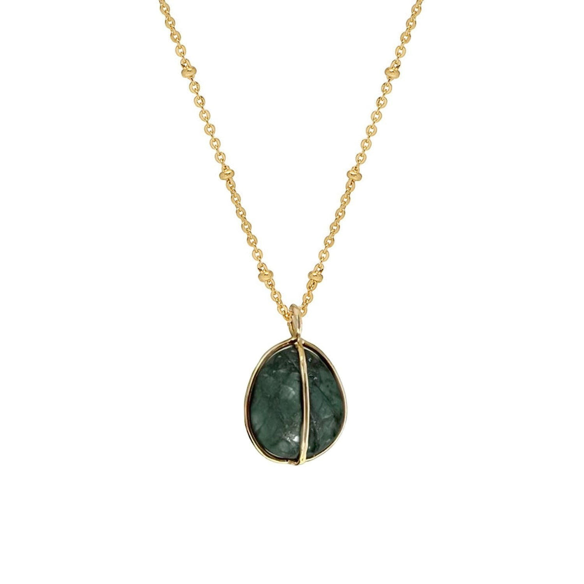 Mirabelle Jewellery freeform raw tumbled emerald pebble pendant on a gold satellite chain, 57cm plus 3cm extender.