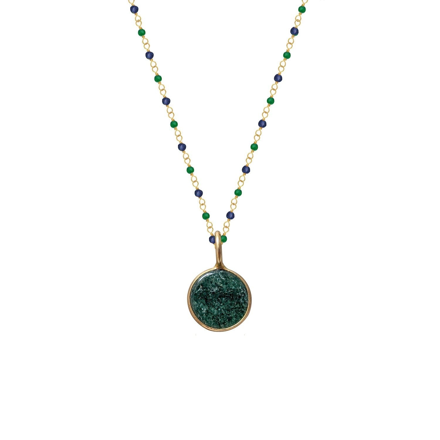 Mirabelle Jewellery Emerald & Sapphire Rosary with small Jade pendant, 42cm plus 3cm extender, 22ct gold plated copper