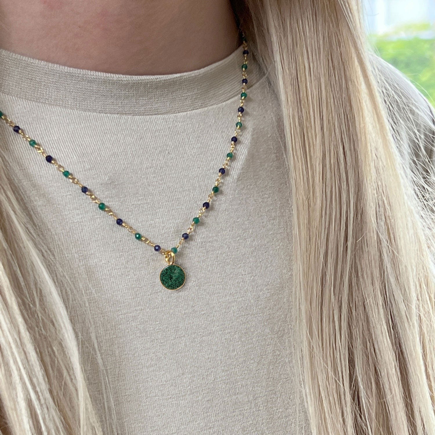 Mirabelle Jewellery Emerald & Sapphire Rosary with small Jade pendant, 42cm plus 3cm extender, 22ct gold plated copper