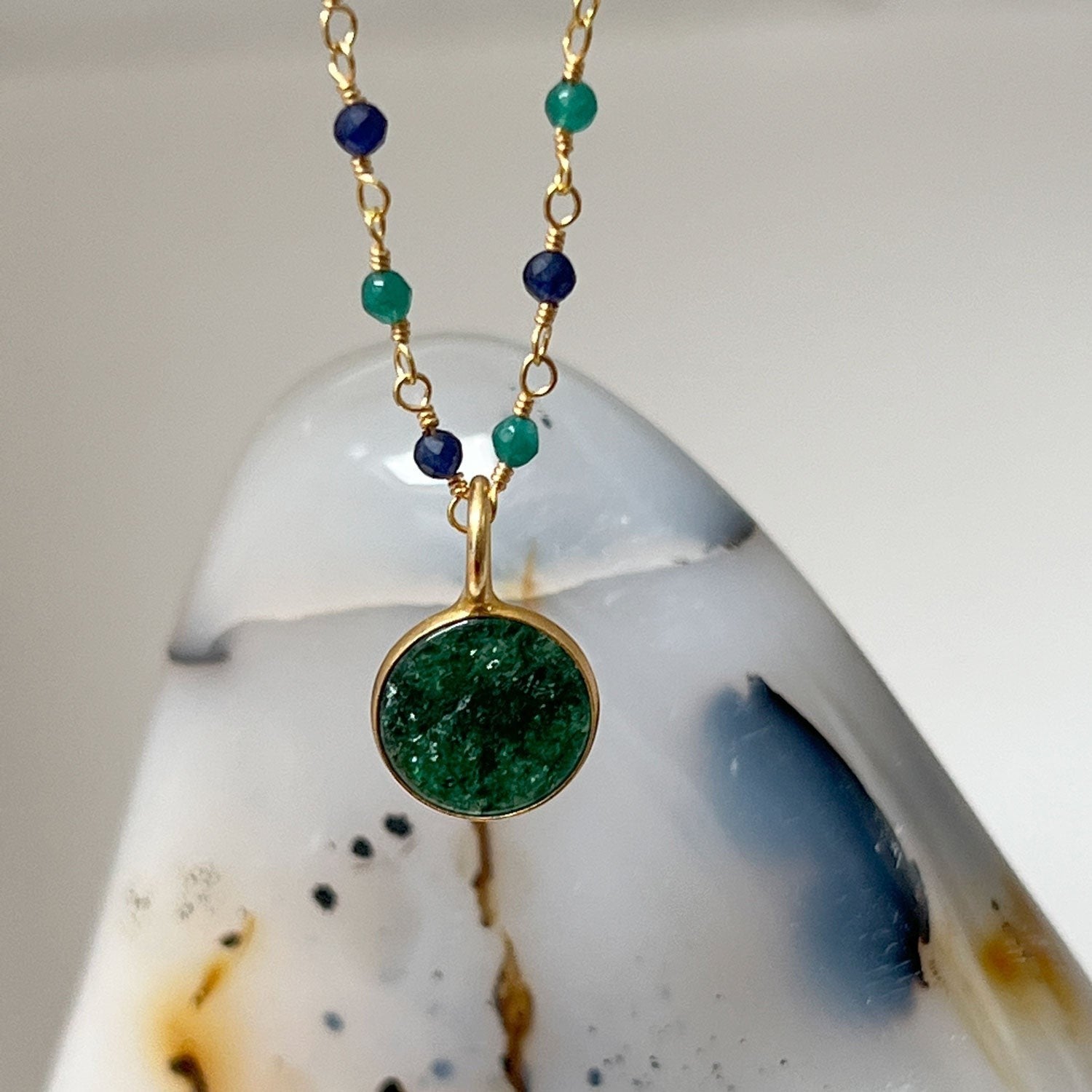 Mirabelle Jewellery emerald and sapphire rosary necklace with small jade pendant, 42cm plus 3cm extender, 22ct gold plated copper.