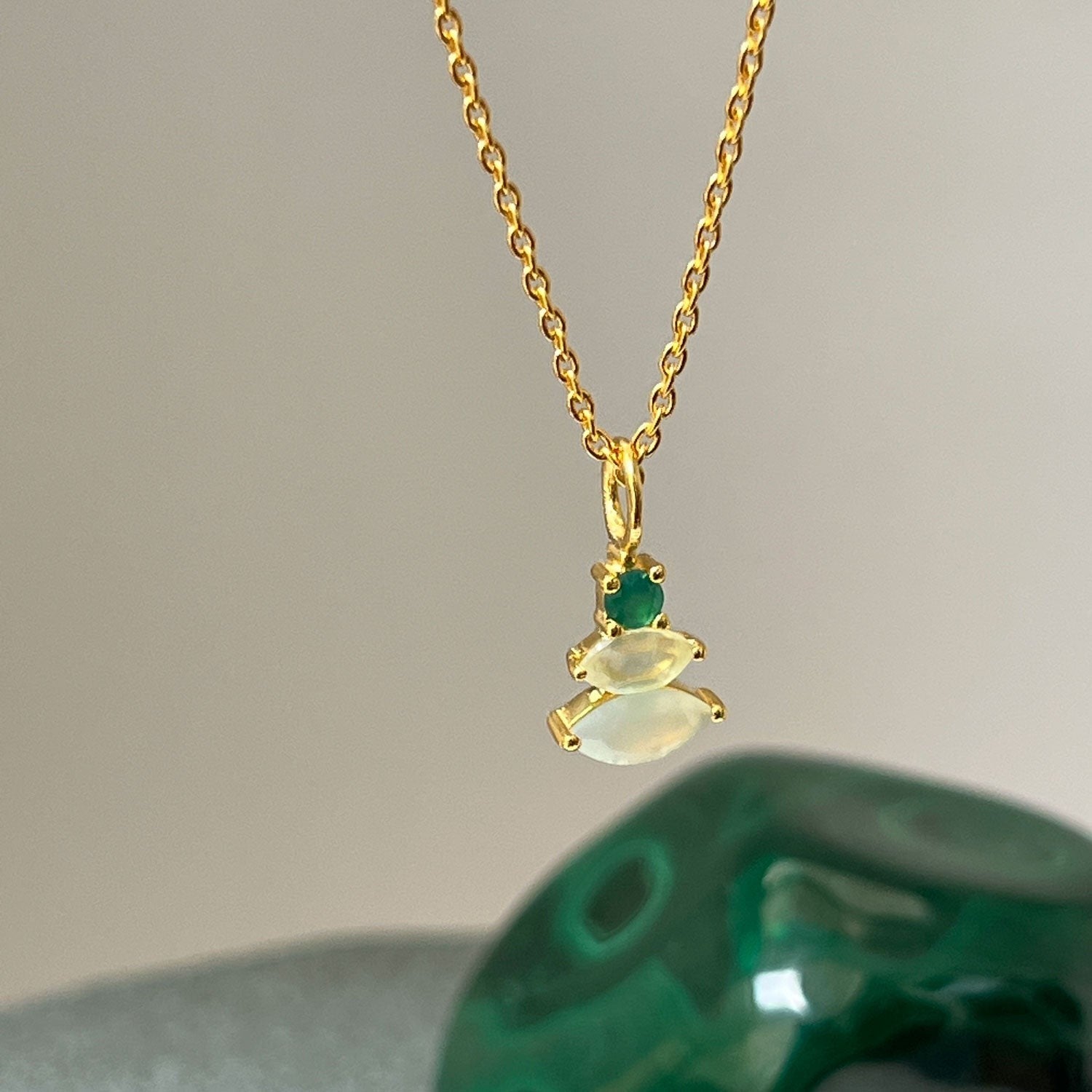 Mirabelle Jewellery gold plated brass necklace with stacked aqua chalcedony, prehnite & green onyx gemstones.