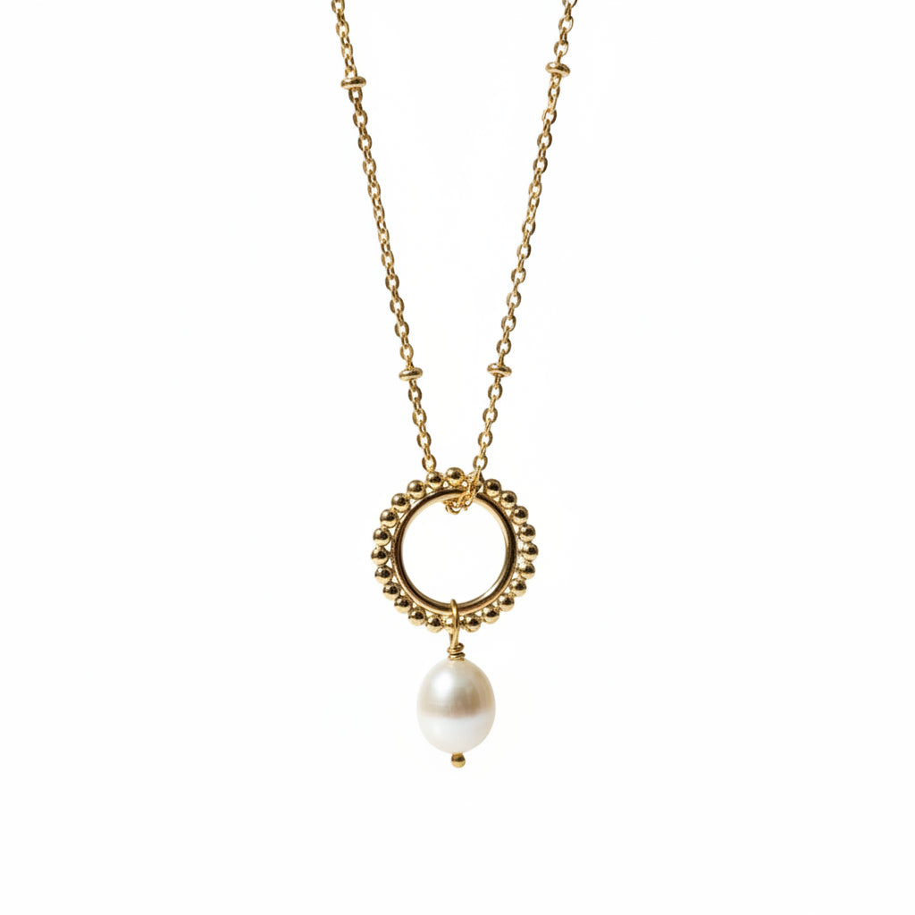Mirabelle Jewellery gold-plated sterling silver necklace with beaded hoop pendant and freshwater pearl. Delicate chain, minimalist design.