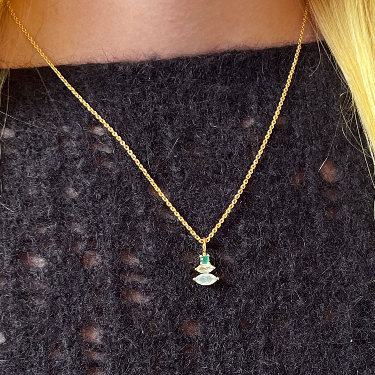 Mirabelle Jewellery gold plated brass necklace with a pendant featuring stacked aqua chalcedony, prehnite, and green onyx stones.
