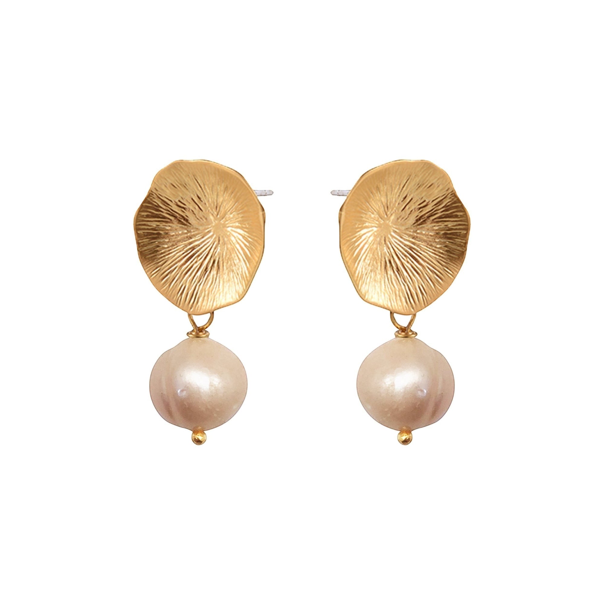 Mirabelle Jewellery gold plated brass coral stud earrings with peach pearls. 22ct gold plated.