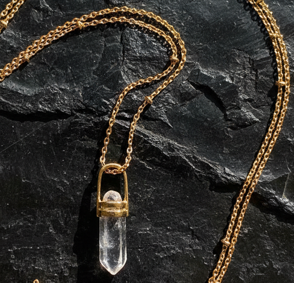 Small rock crystal pendulum double bridge pendant on short satellite chain