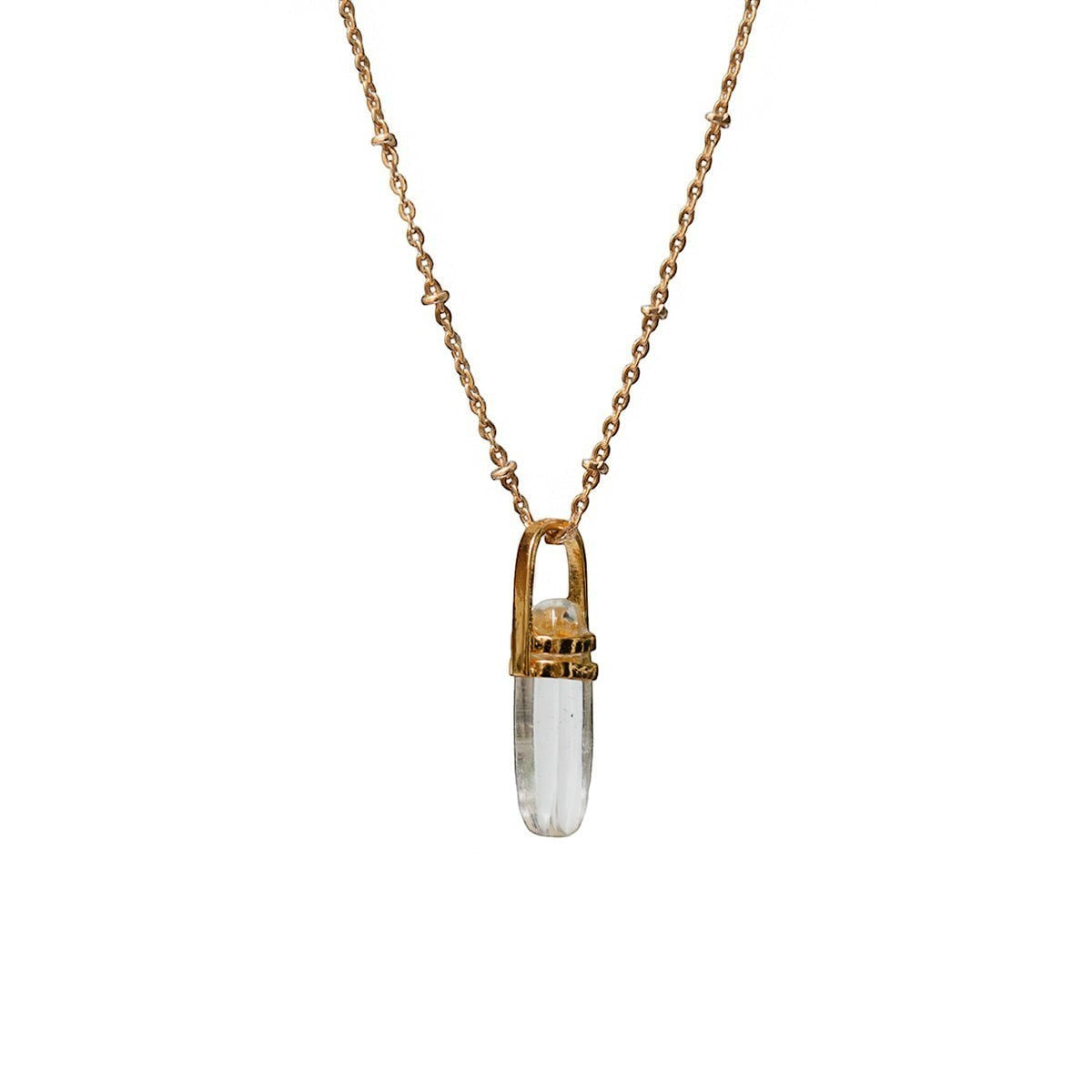 Mirabelle Jewellery gold plated brass necklace with a clear rock crystal pendulum pendant on a satellite chain.