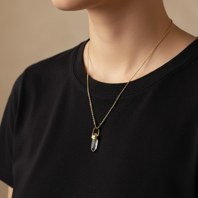 Small rock crystal pendulum double bridge pendant on short satellite chain