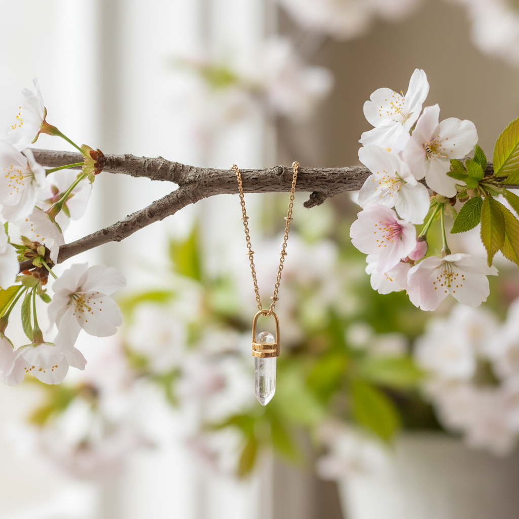 Small rock crystal pendulum double bridge pendant on short satellite chain