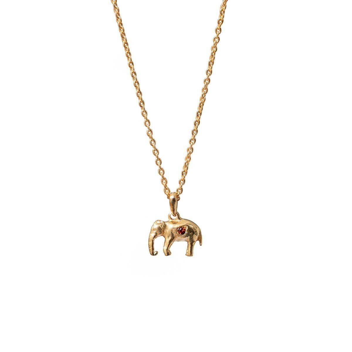 Mirabelle Jewellery tiny 3D elephant pendant in 22ct gold plated brass with a small ruby on a long simple chain.