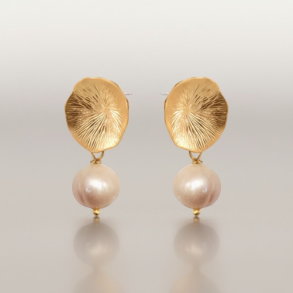 Mirabelle Jewellery gold plated brass flower coral earrings with peach pearls. Studs measure 1.5cm.