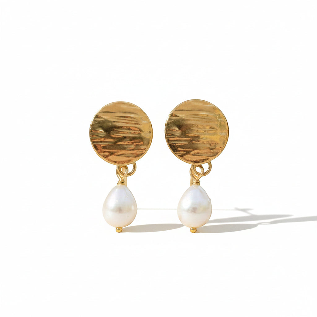 Mirabelle Jewellery gold-tone hammered disc earrings with white pearl drops.
