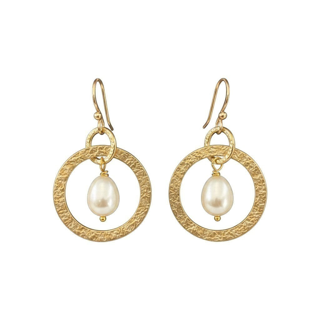 Mirabelle Jewellery gold plated textured hoop earrings with freshwater pearl drop. Handmade in London.