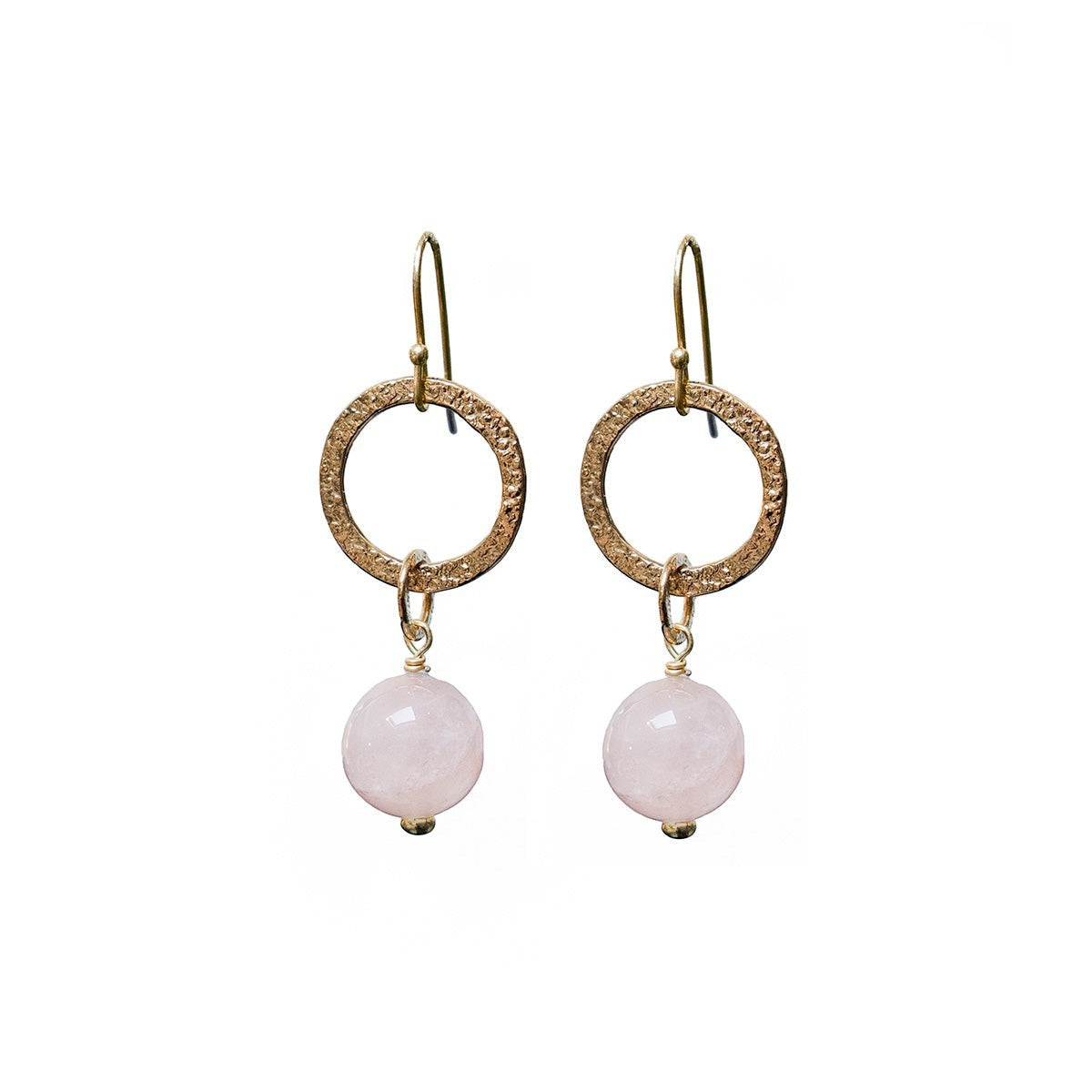 Mirabelle Jewellery gold hoop earrings with rose quartz natural stone, handmade in London.