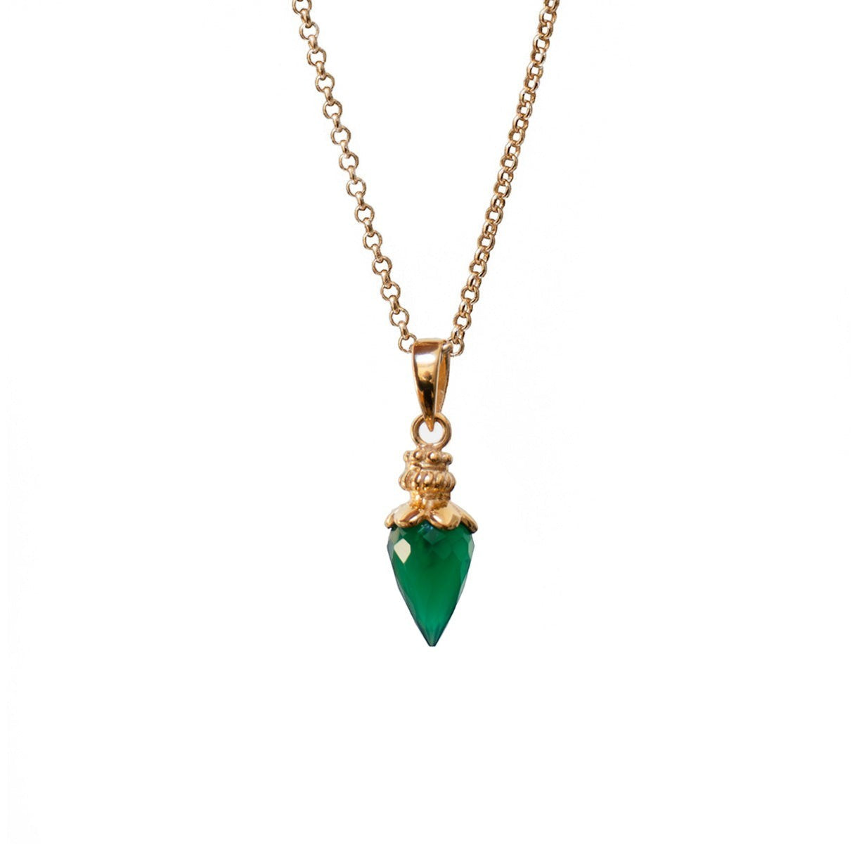 Mirabelle Jewellery green onyx pendulum pendant on a short gold plated brass belcher chain.
