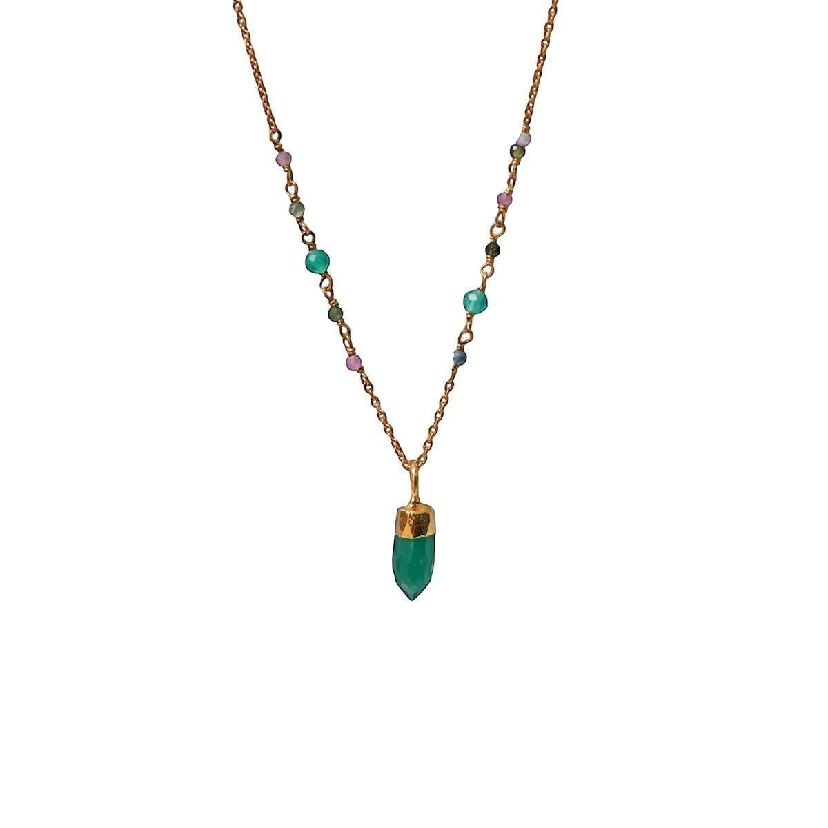 Mirabelle Jewellery green onyx mini point pendant on a 22ct gold plated brass asymmetric multistone rosary necklace.