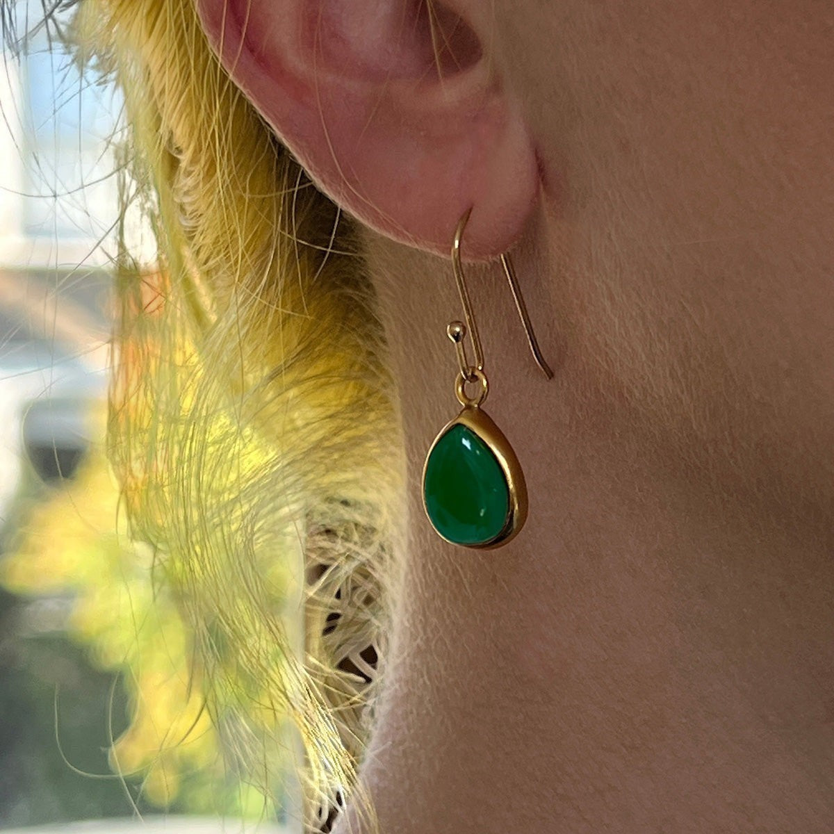 Mirabelle Jewellery green onyx teardrop earrings, 22ct gold plated brass with sterling silver hooks, approx. 3cm length.