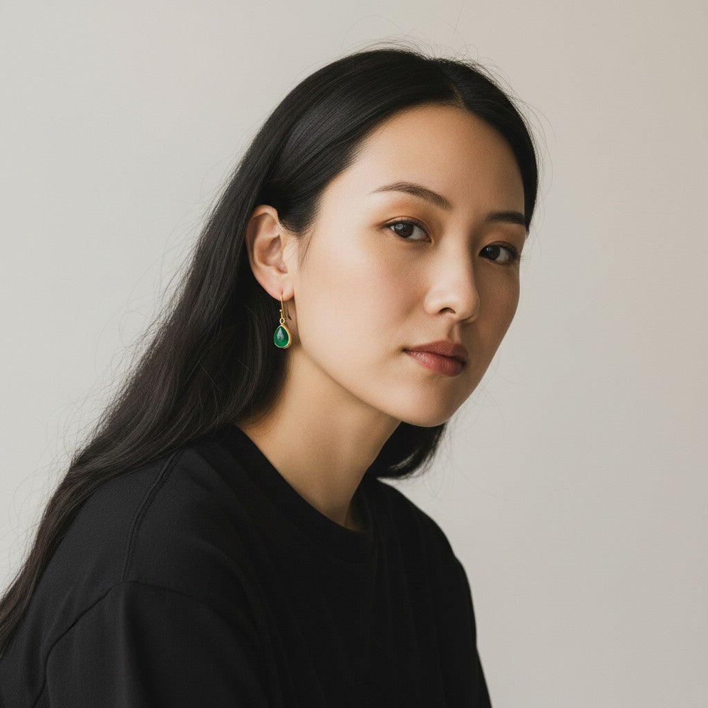 Mirabelle Jewellery green onyx teardrop earrings with gold plated brass and sterling silver hooks, approx. 3cm length.