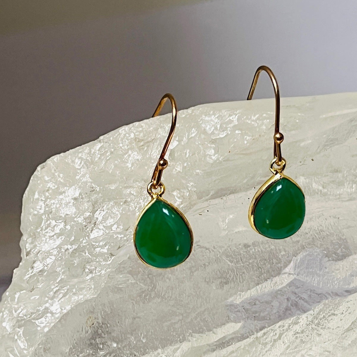 Mirabelle Jewellery green onyx teardrop earrings, 22ct gold plated brass with sterling silver hooks, approx 3cm long.
