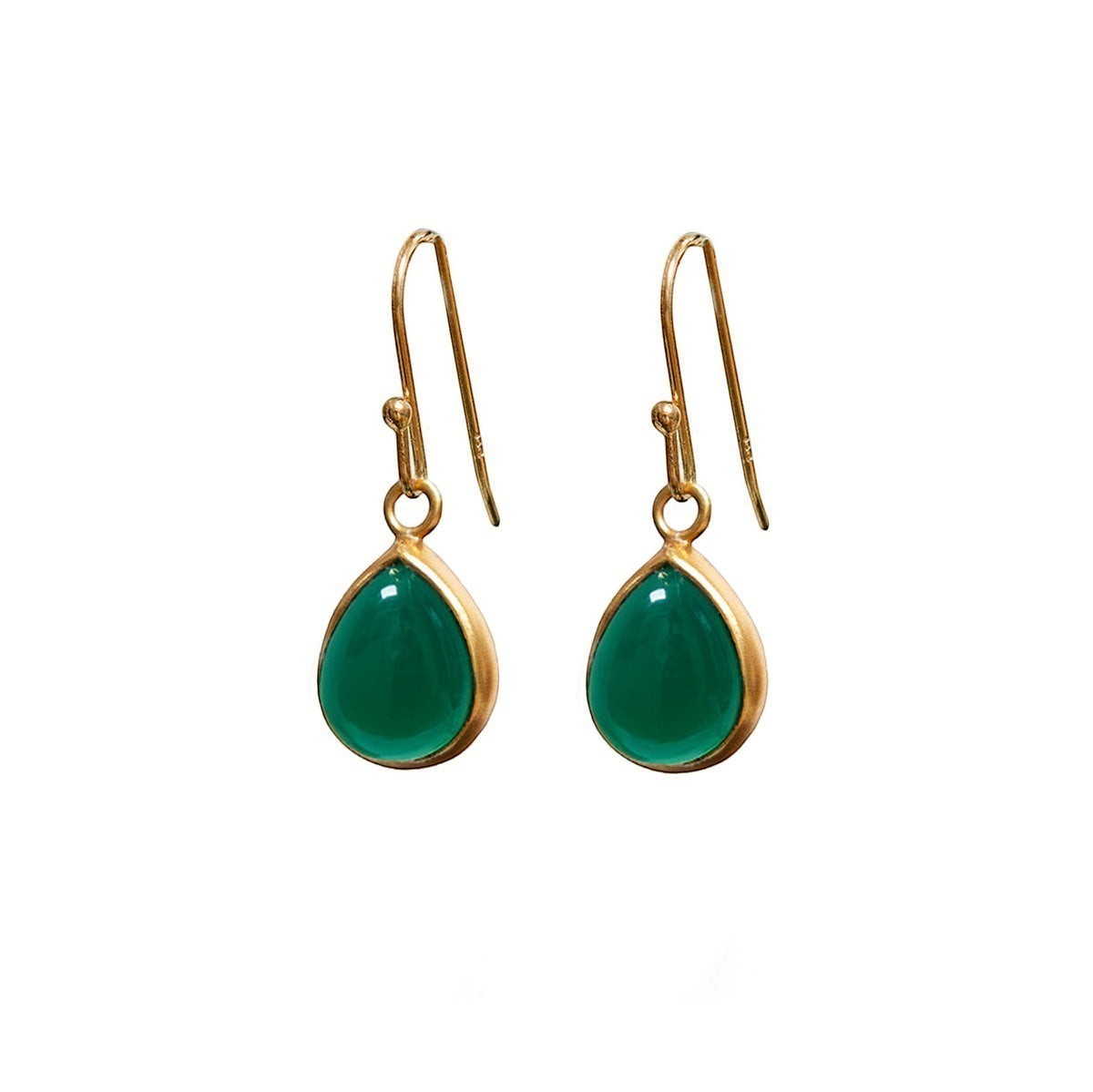 Mirabelle Jewellery green onyx teardrop earrings with 22ct gold plated brass hooks, approx. 3cm length.