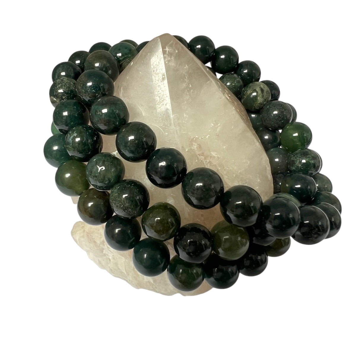 Mirabelle Jewellery forest green 8mm natural stone elasticated bracelet wrapped around a clear quartz crystal point.