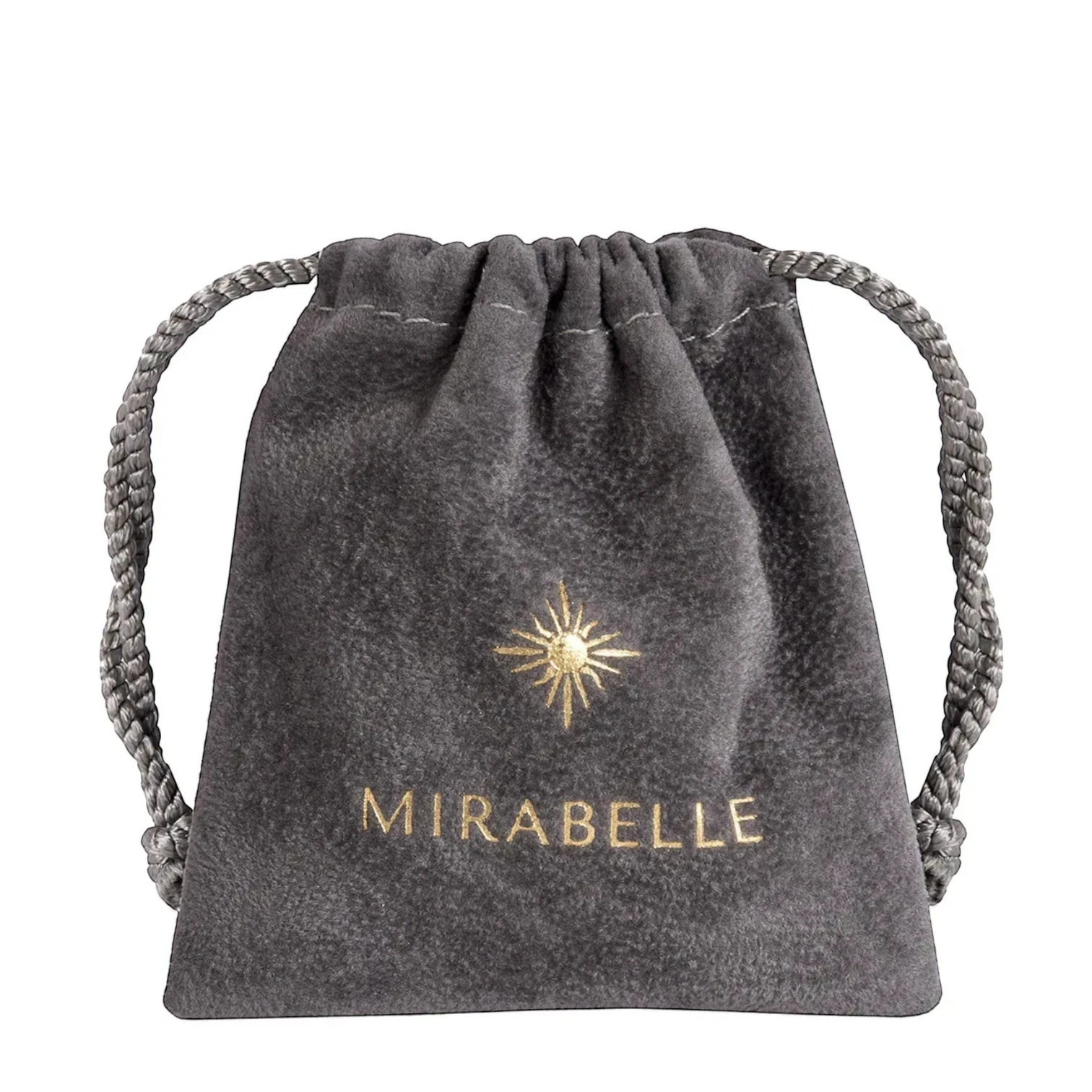Mirabelle Jewellery grey suede pouch with gold sunburst logo and name