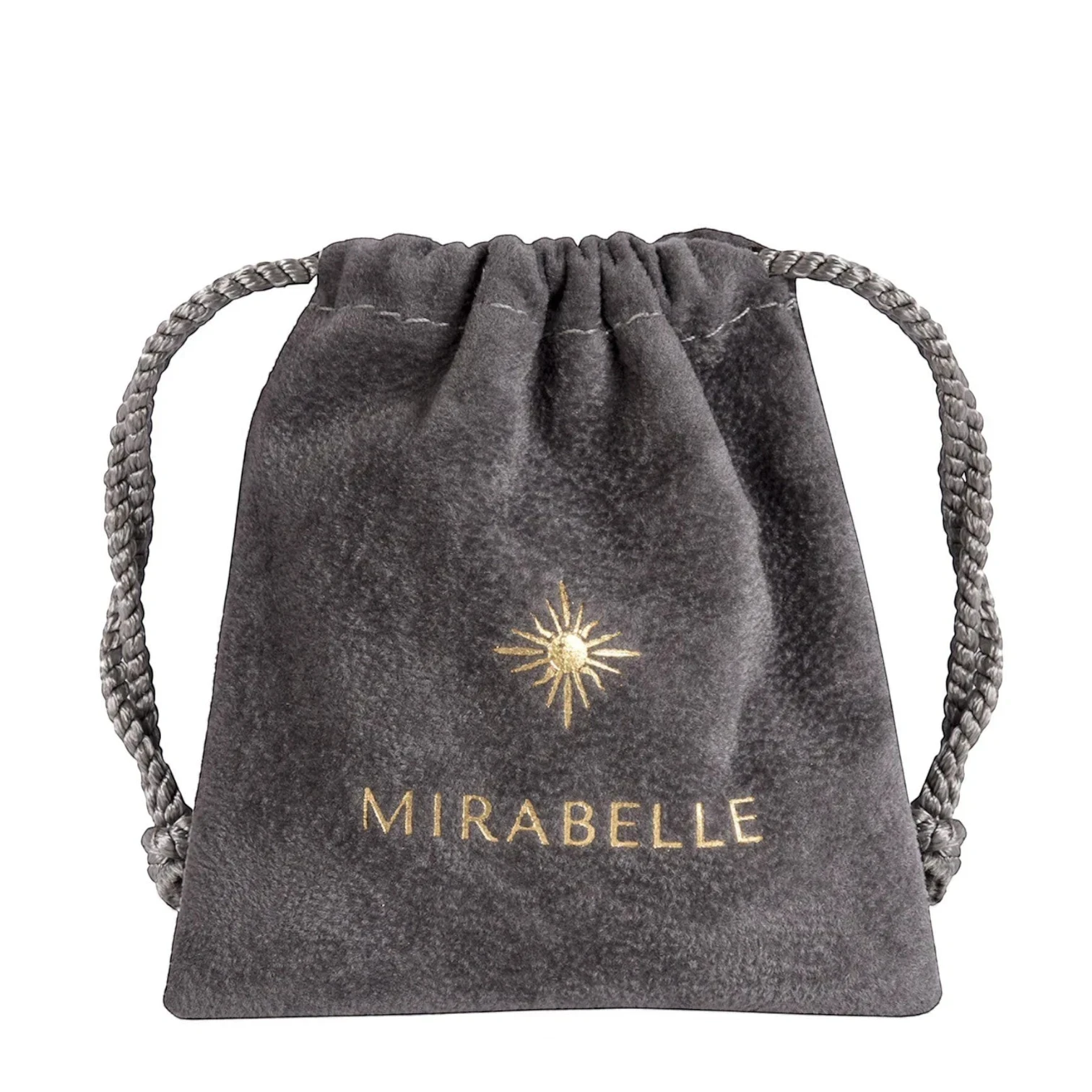 Mirabelle Jewellery grey suede pouch with gold sunburst logo and name