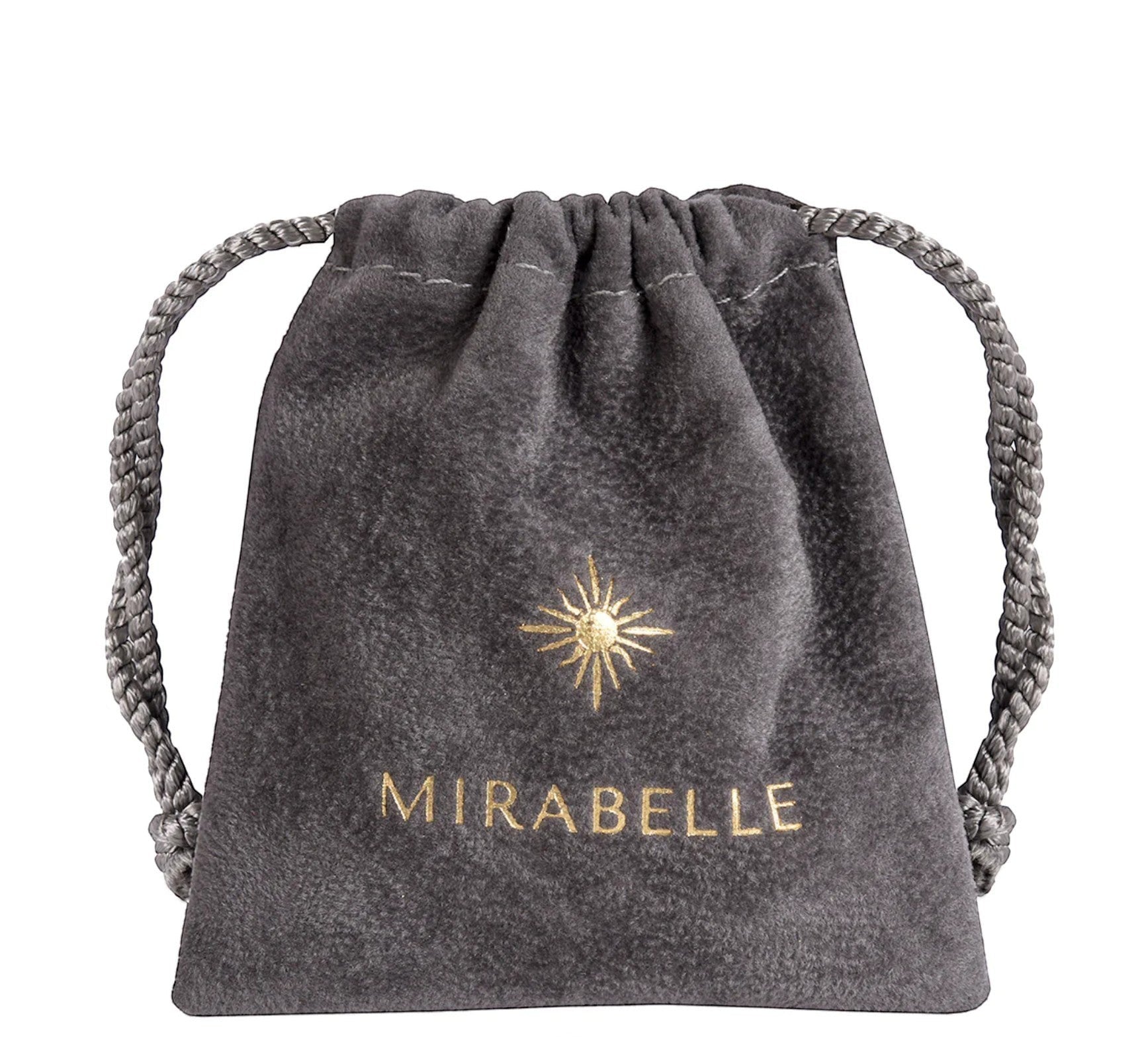 Mirabelle Jewellery grey suede pouch with gold sunburst logo and drawstring closure, for storing jewelry.
