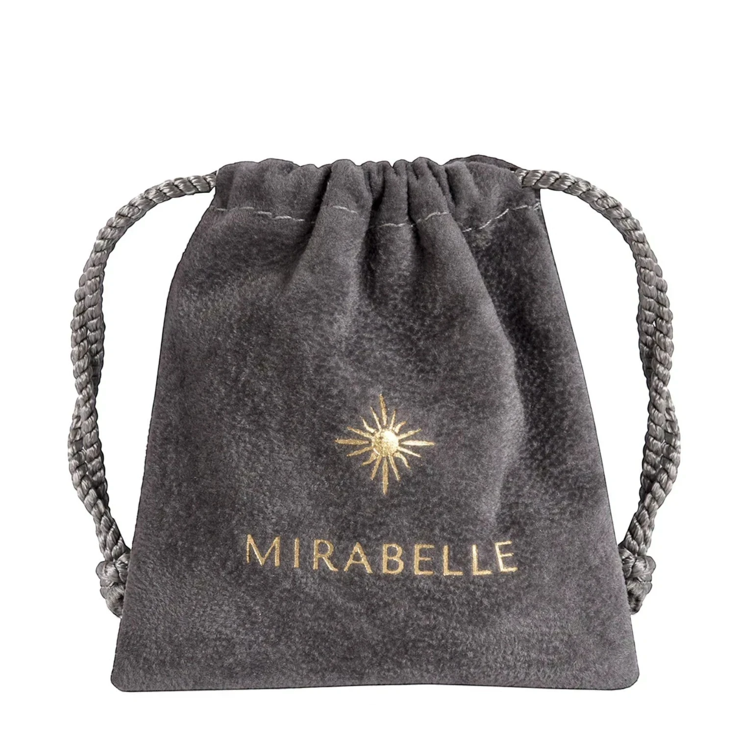 Mirabelle Jewellery grey velvet pouch with gold sunburst logo and brand name embroidered.