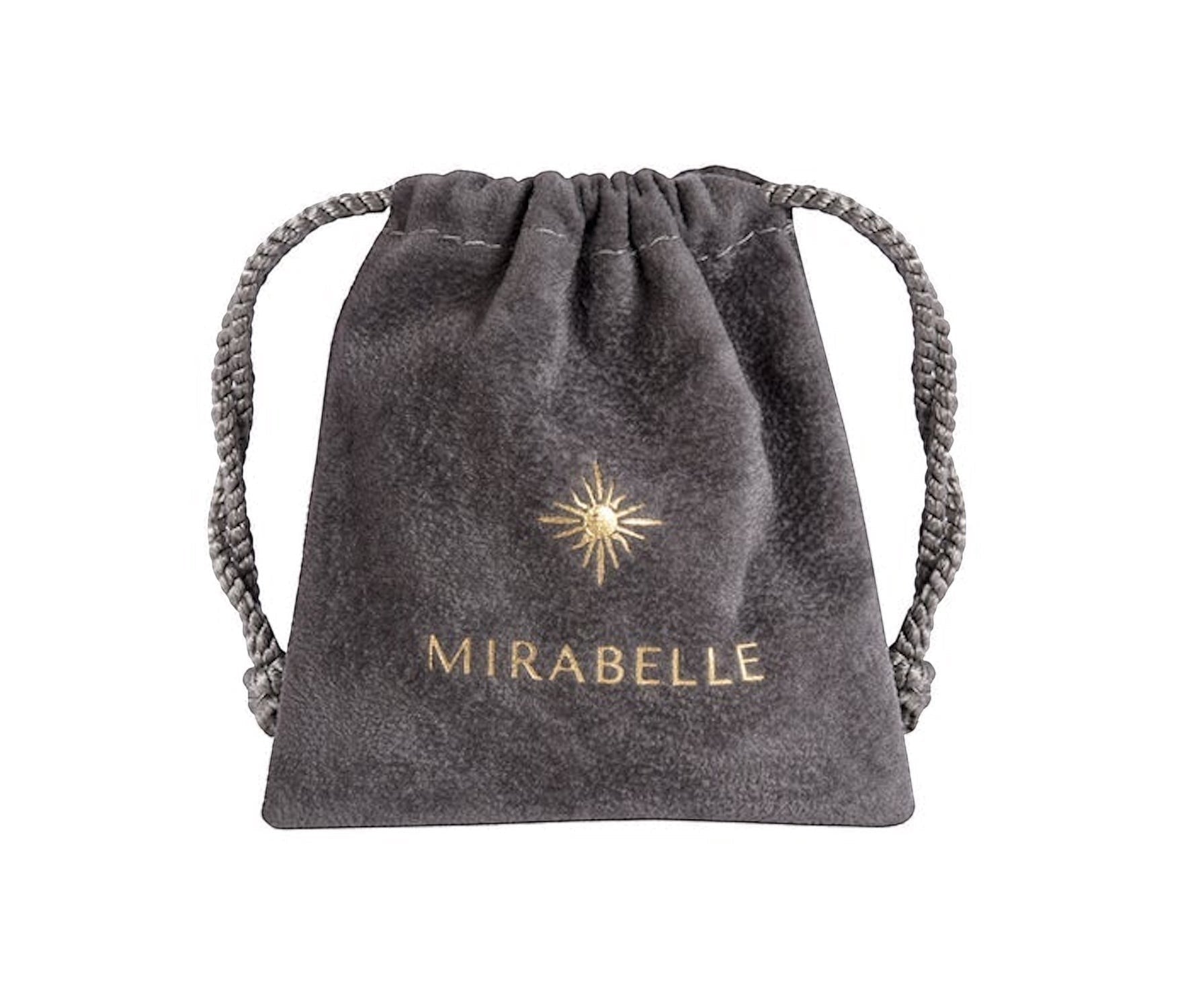 Mirabelle Jewellery grey velvet pouch with gold sunburst logo and name, drawstring closure, for storing jewellery.