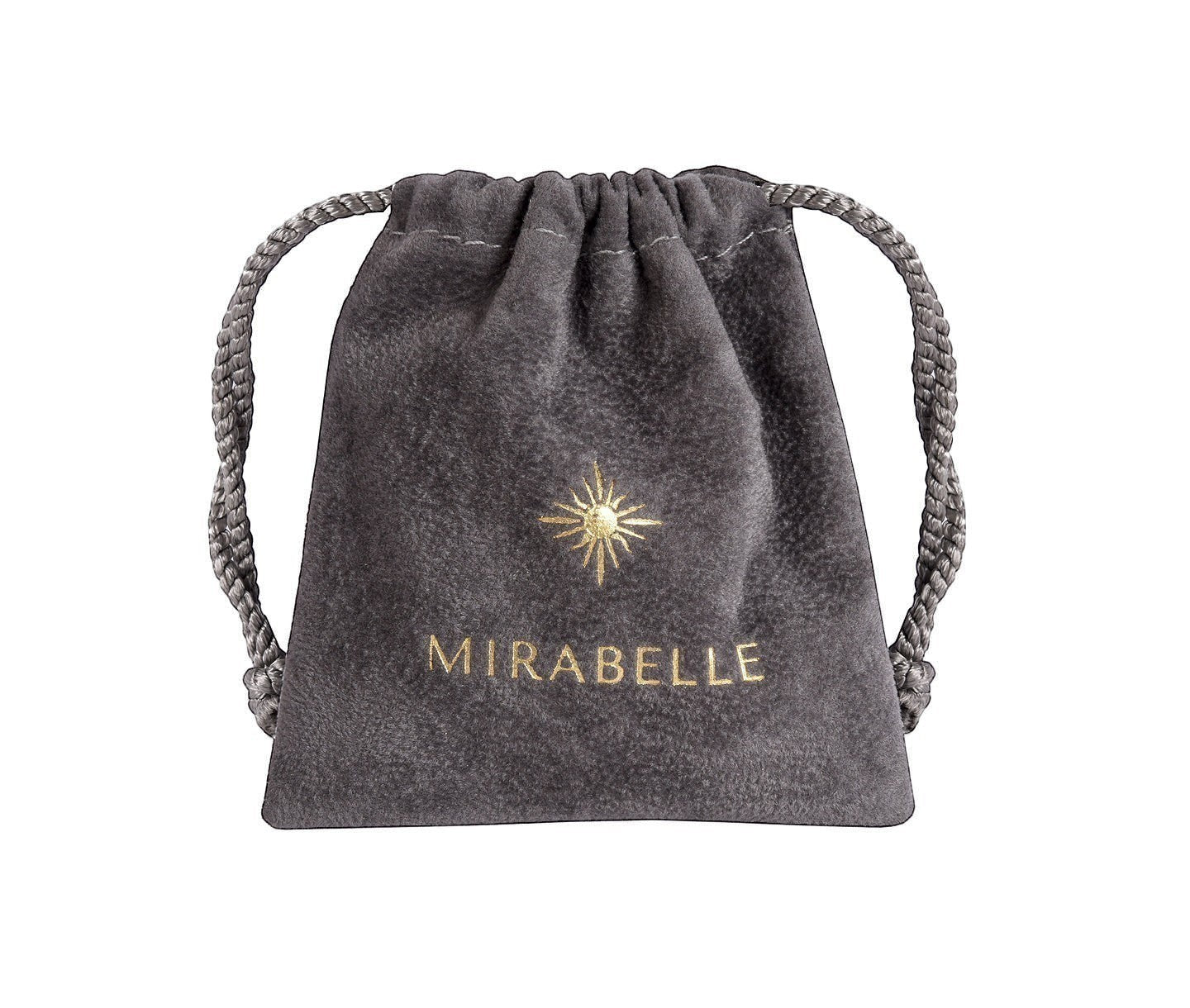 Mirabelle Jewellery grey velvet pouch with gold sunburst logo and name, drawstring closure, handmade in India.