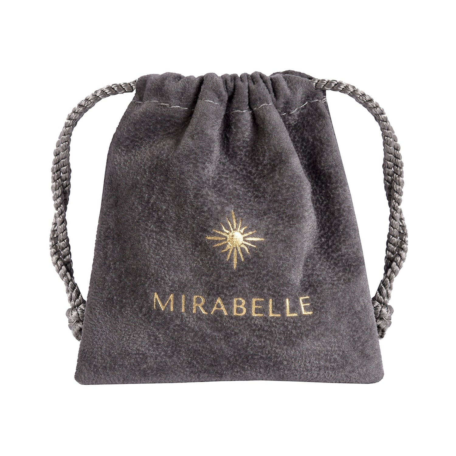 Mirabelle Jewellery grey velvet pouch with gold sun logo and Mirabelle text. Drawstring closure.