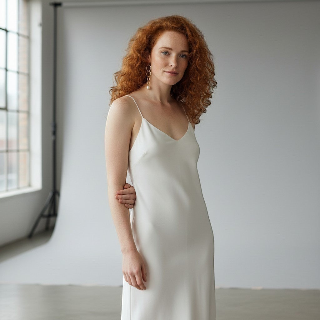 Mirabelle Jewellery hammered hoop and pearl drop earrings worn by a model in a white slip dress. Ideal for brides.