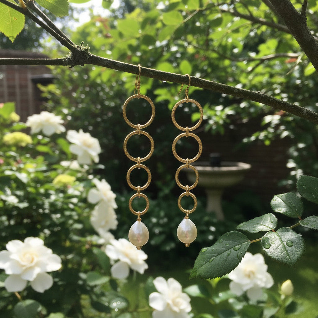 Mirabelle Jewellery gold hammered hoop and pearl drop earrings, handmade in London studio. Perfect for brides.