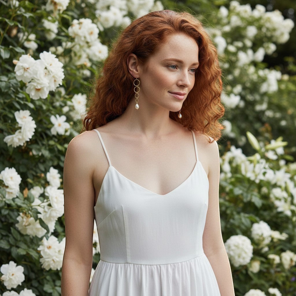 Mirabelle Jewellery hammered gold hoop and pearl drop earrings worn by a model with red hair, styled with a white dress against a backdrop of white roses.