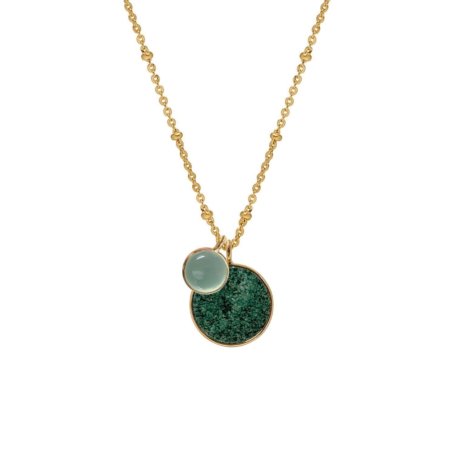 Mirabelle Jewellery Duo Jade & Aqua Chalcedony Pendant on a gold satellite chain. Features a round green jade and a smaller aqua chalcedony.