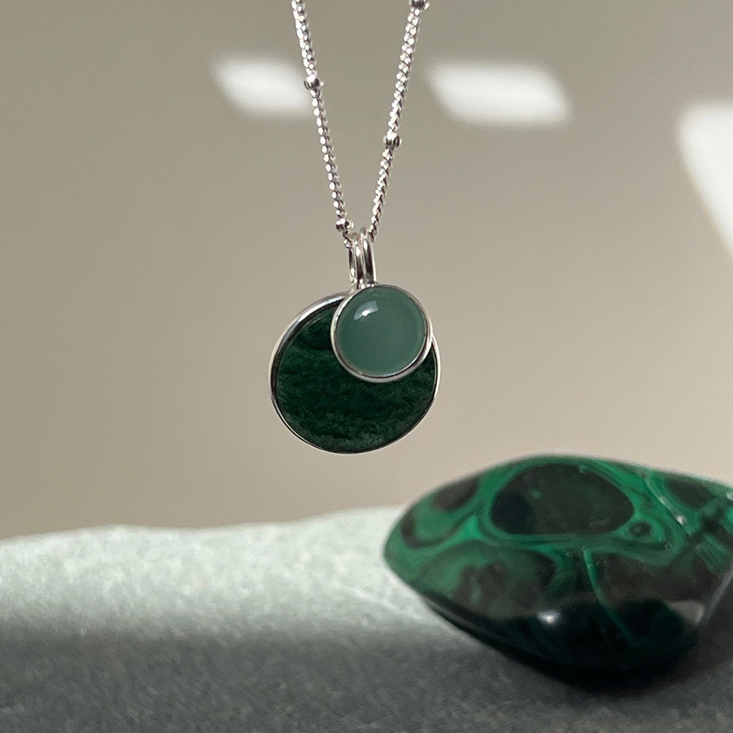 Mirabelle Jewellery Duo Jade And Aqua Chalcedony Pendant on Sterling Silver Satellite Chain. Jade pendant 1.5cm, Aqua Chalcedony 0.8cm.