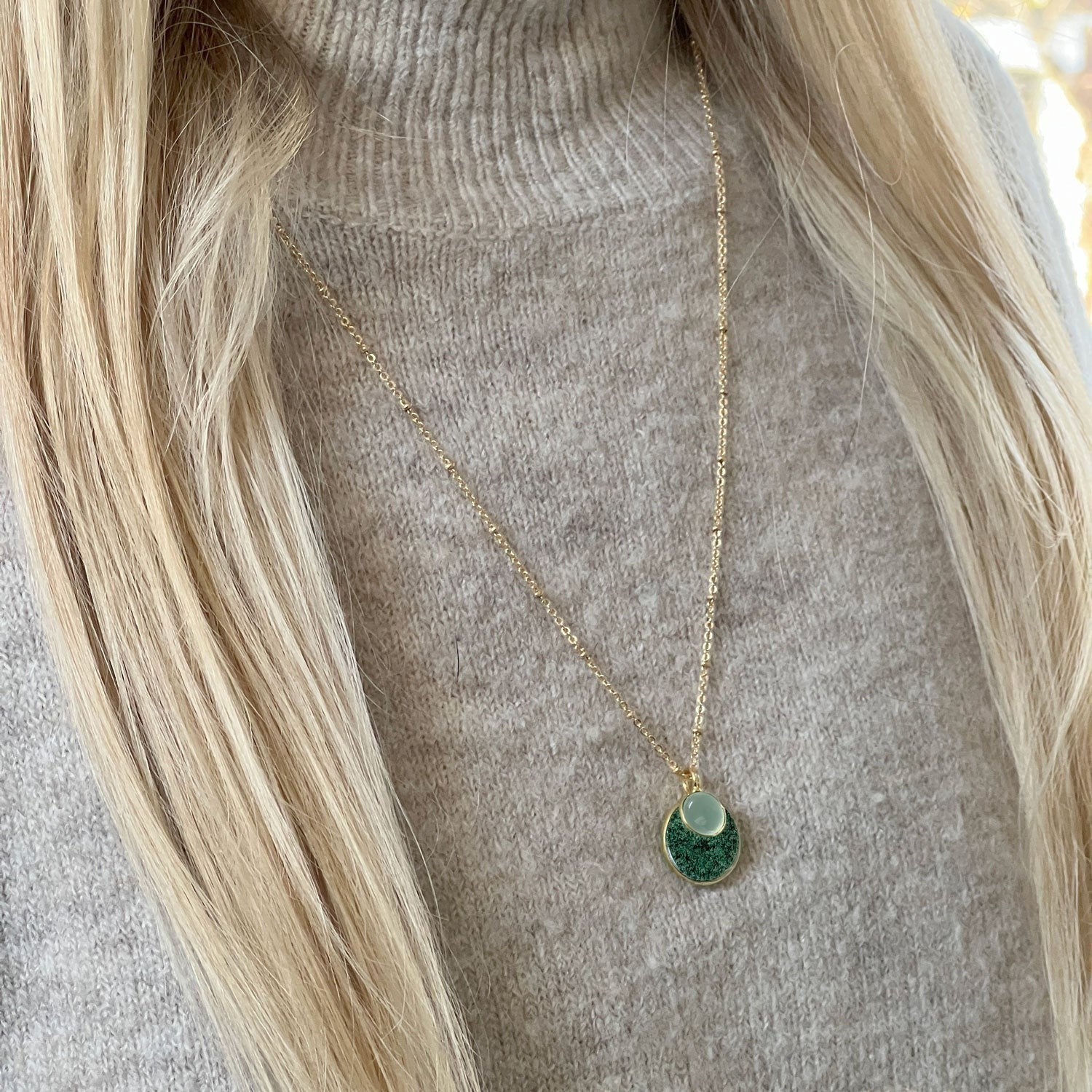 Mirabelle Jewellery Duo Jade & Aqua Chalcedony Pendant on a gold satellite chain, featuring a green jade and light blue chalcedony stone.