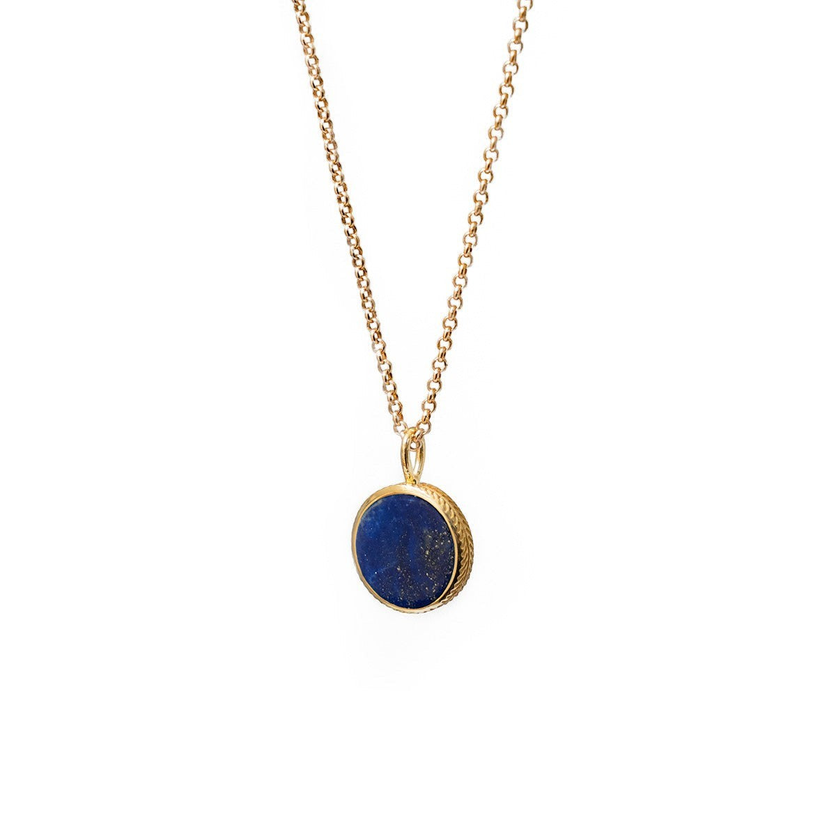 Mirabelle Jewellery double-sided lapis and turquoise pendant with etched gold-plated bezel on a baby belcher chain.