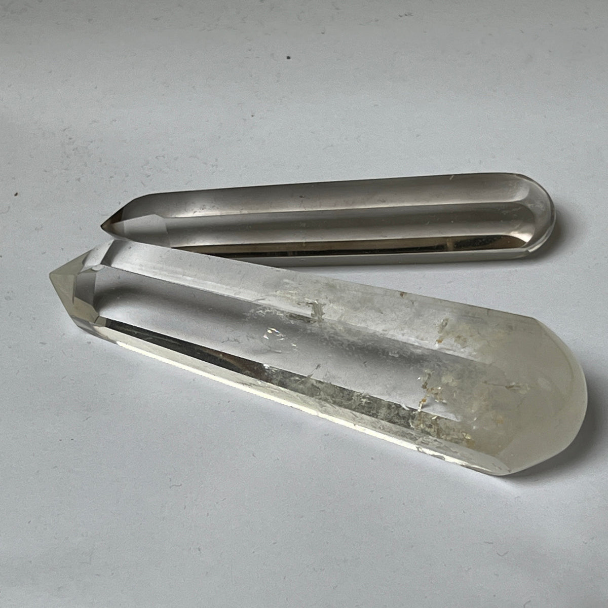 Mirabelle Jewellery set of Madagascar rock crystal and light smoky quartz healing wands for meditation and energy work.
