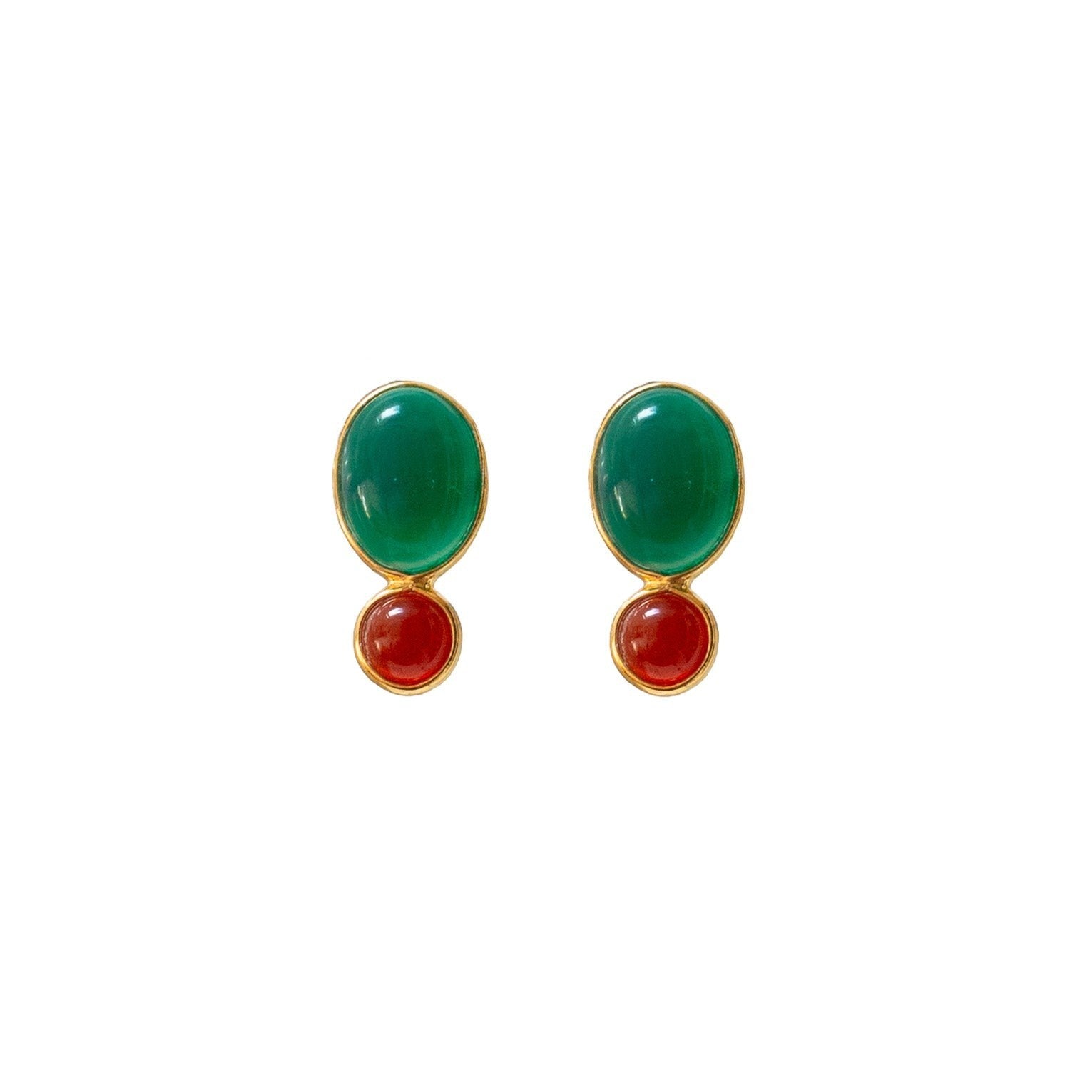 Mirabelle Jewellery Manis earrings featuring green and red onyx stones set in 22ct gold plated sterling silver.