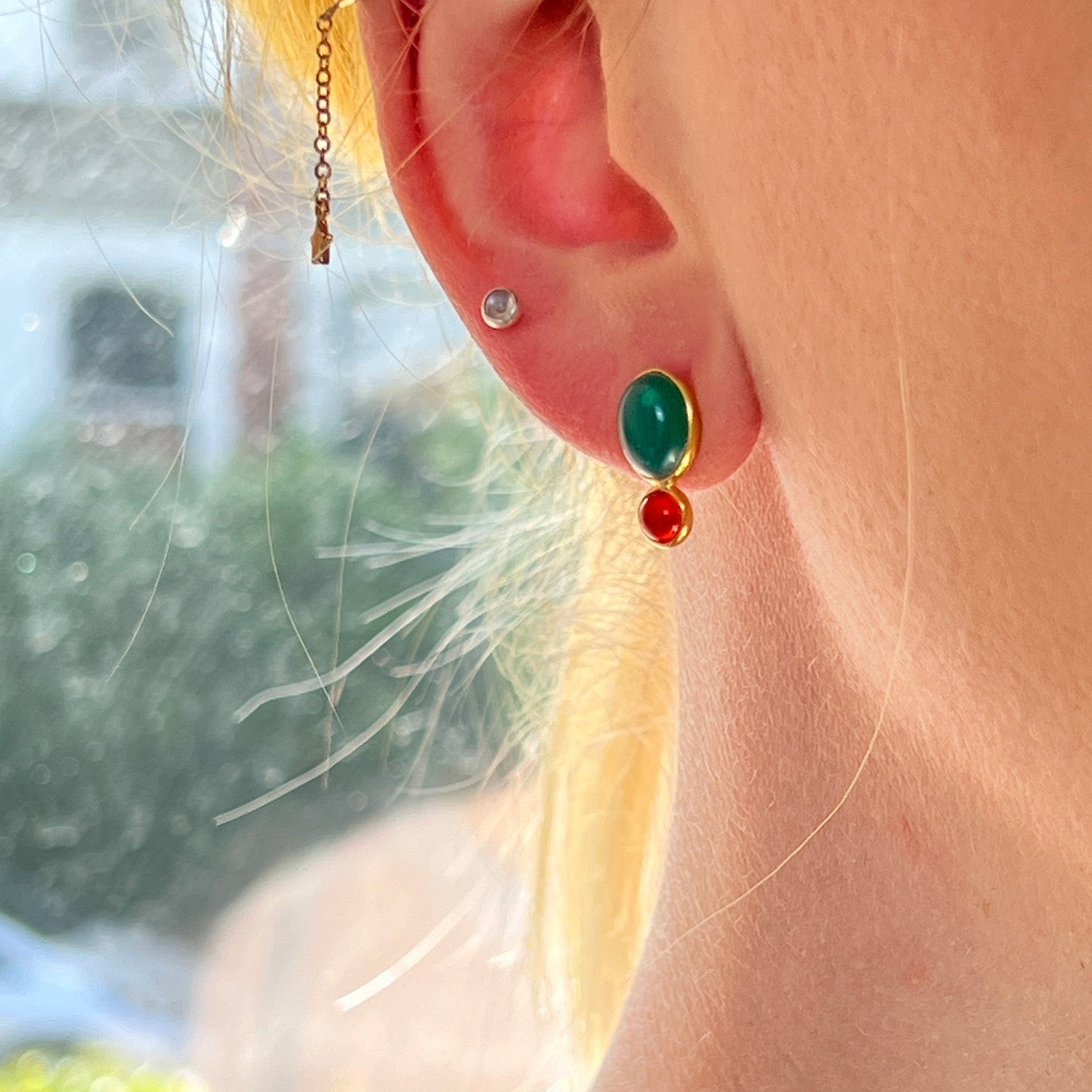 Mirabelle Jewellery Manis earrings featuring green and red onyx stones set in 22ct gold plated sterling silver.