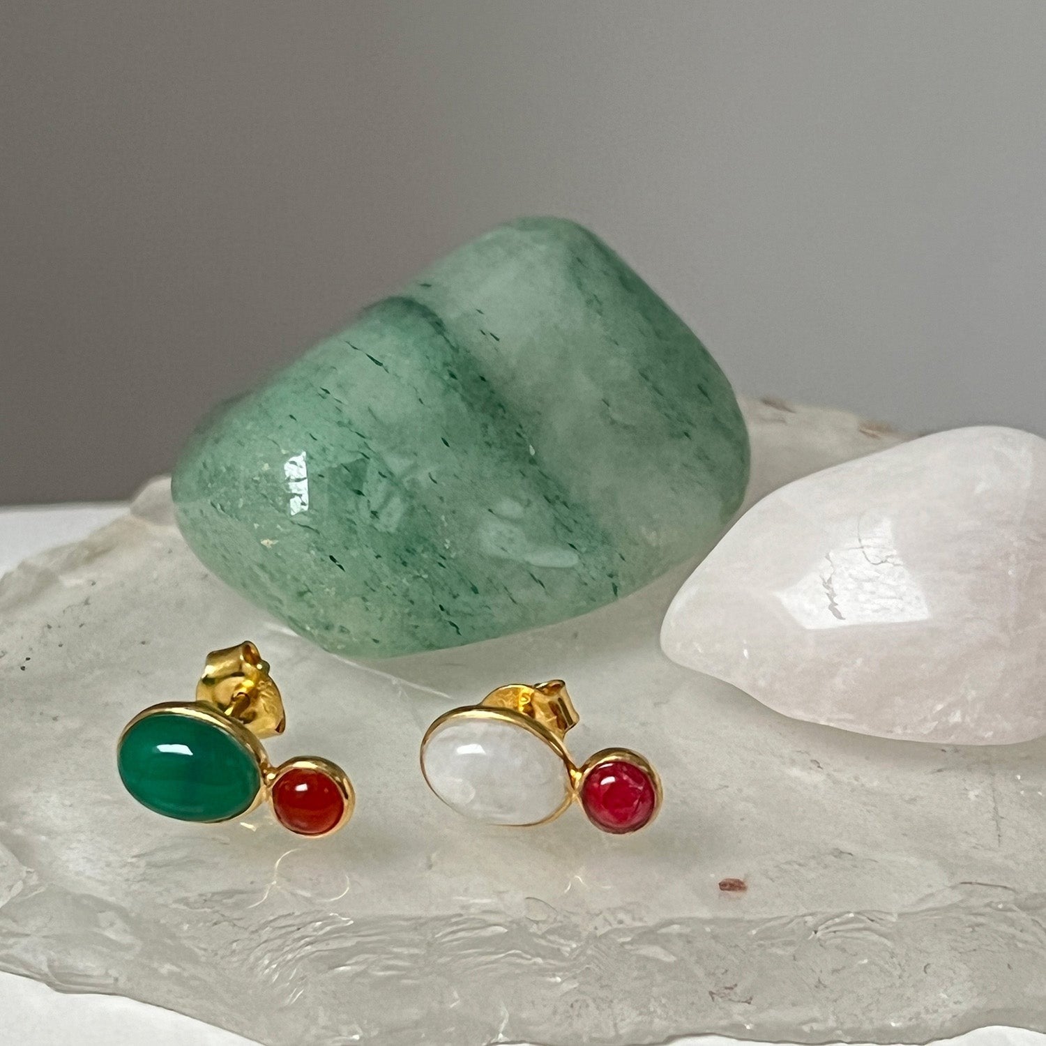 Mirabelle Jewellery Manis two-stone earrings in 22ct gold plated sterling silver with green and red onyx cabochons.
