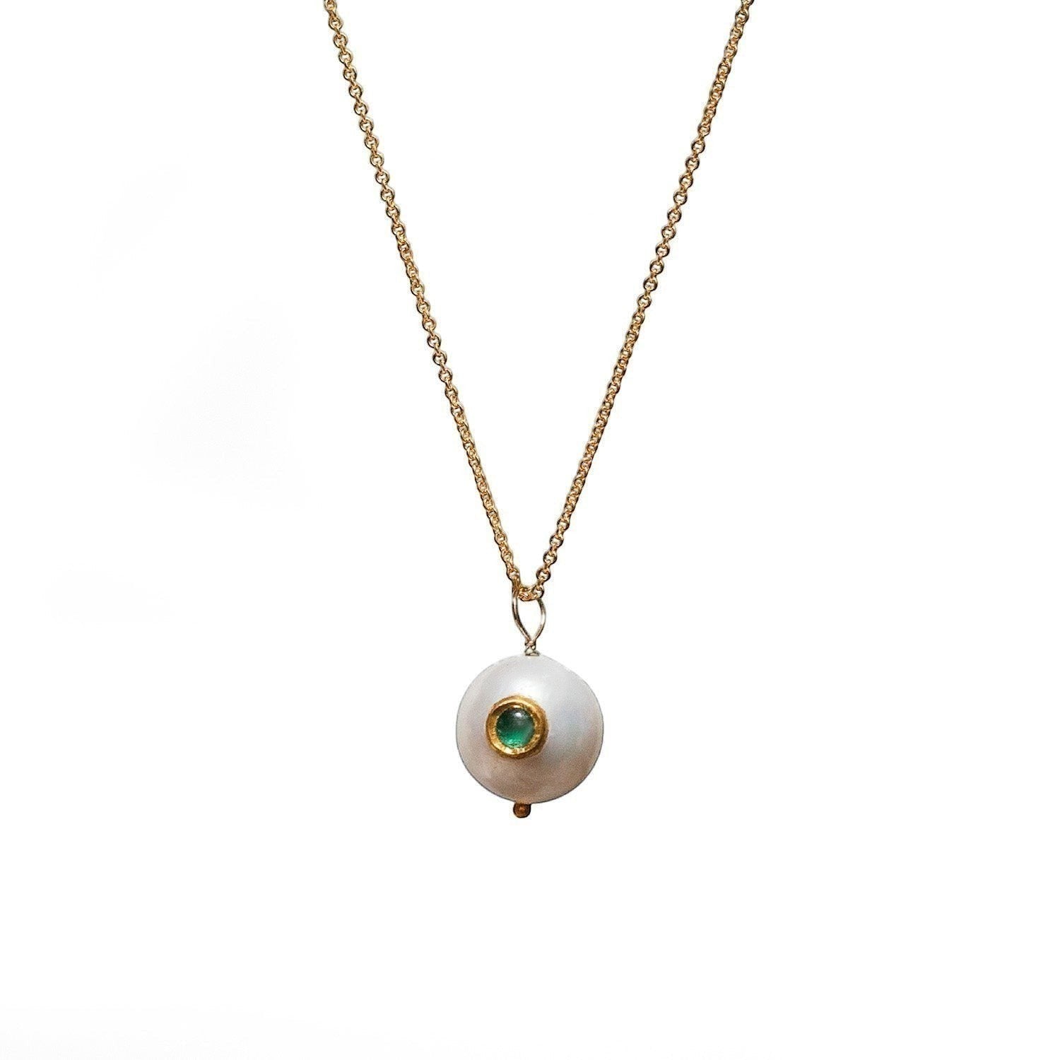 Mirabelle Jewellery round freshwater pearl pendant with emerald and sapphire inlay on a 22ct gold filled chain.
