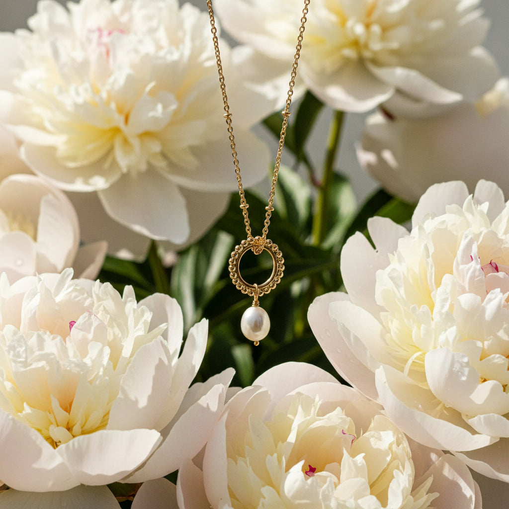 Mirabelle Jewellery gold-plated sterling silver necklace with beaded hoop pendant and freshwater pearl.