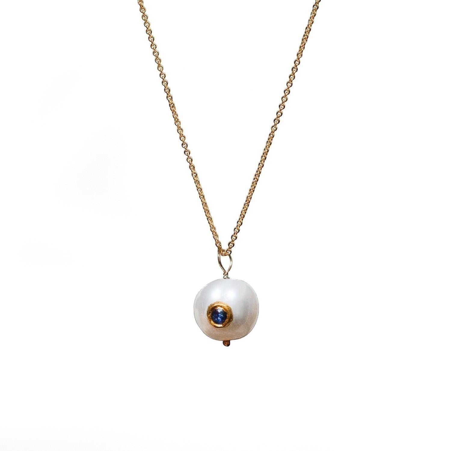 Mirabelle Jewellery round freshwater pearl pendant with sapphire and emerald inlay on a 22ct gold filled chain.