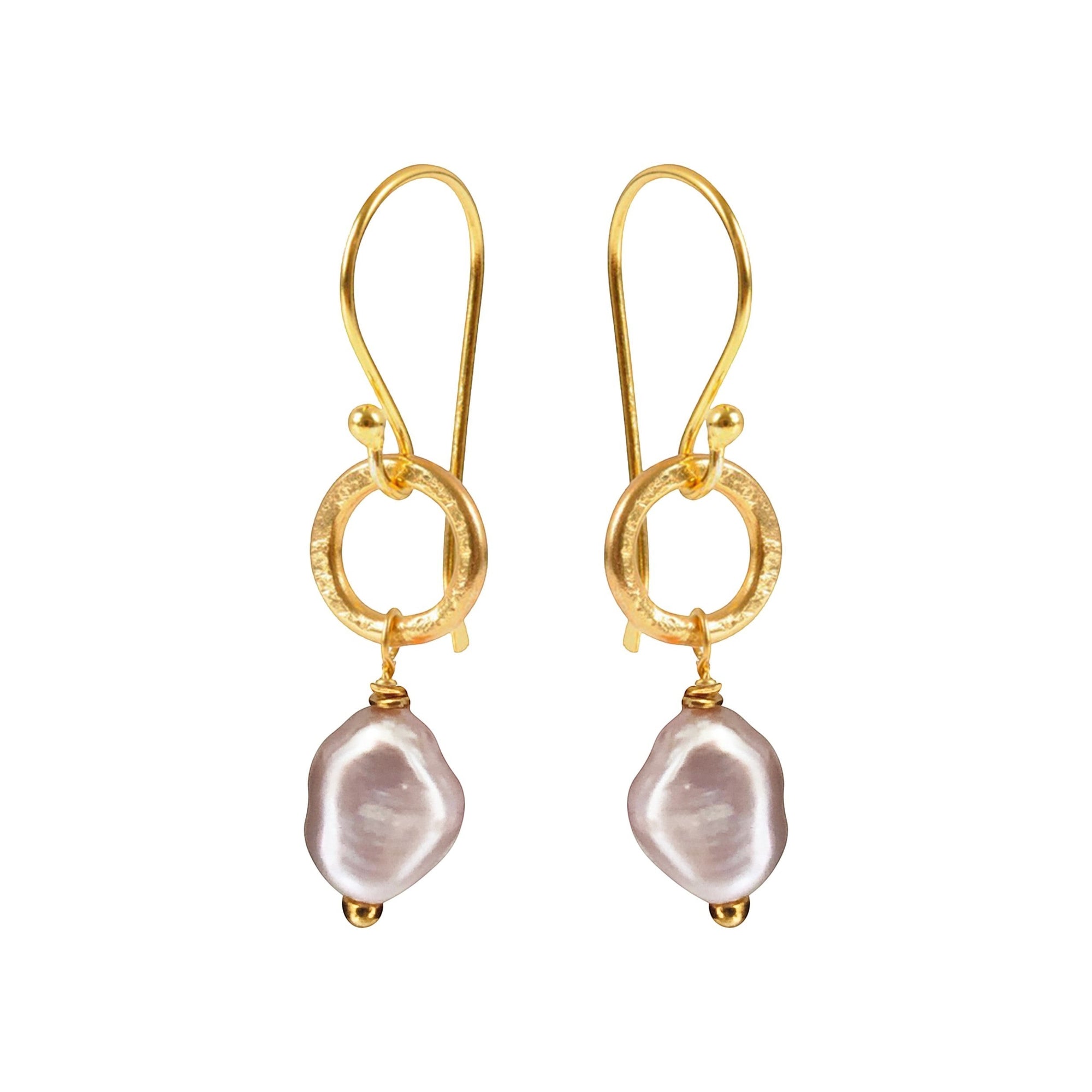Mirabelle Jewellery Gita small baroque pink pearl earrings, 22ct gold plated brass with sterling silver hooks.