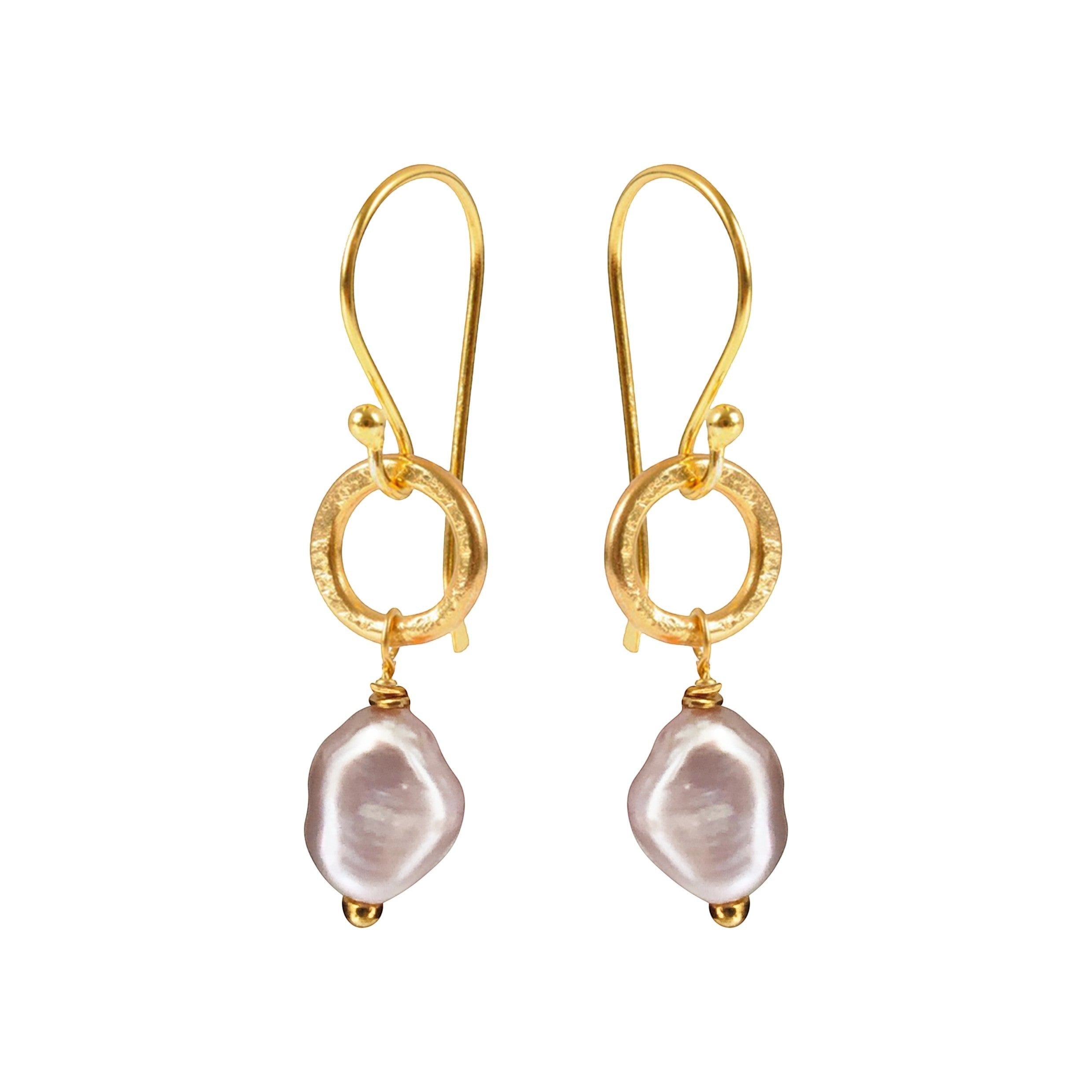 Mirabelle Jewellery Gita small baroque pink pearl earrings, 22ct gold plated brass with sterling silver hooks.