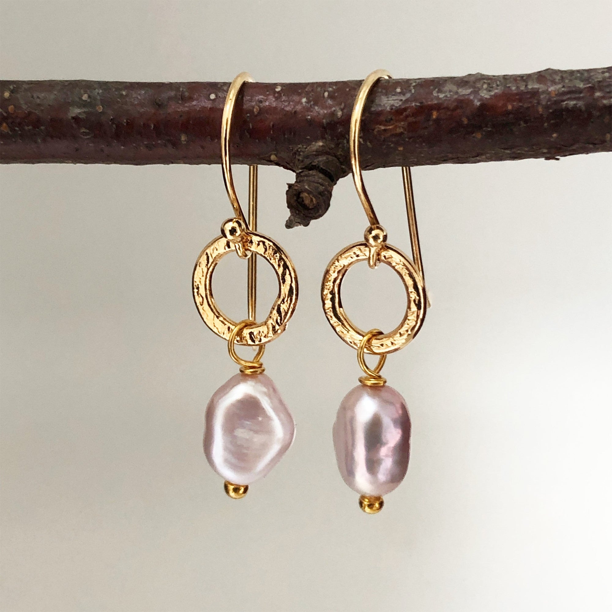Mirabelle Jewellery Gita small baroque pink pearl earrings with gold plated brass hoops and sterling silver hooks.