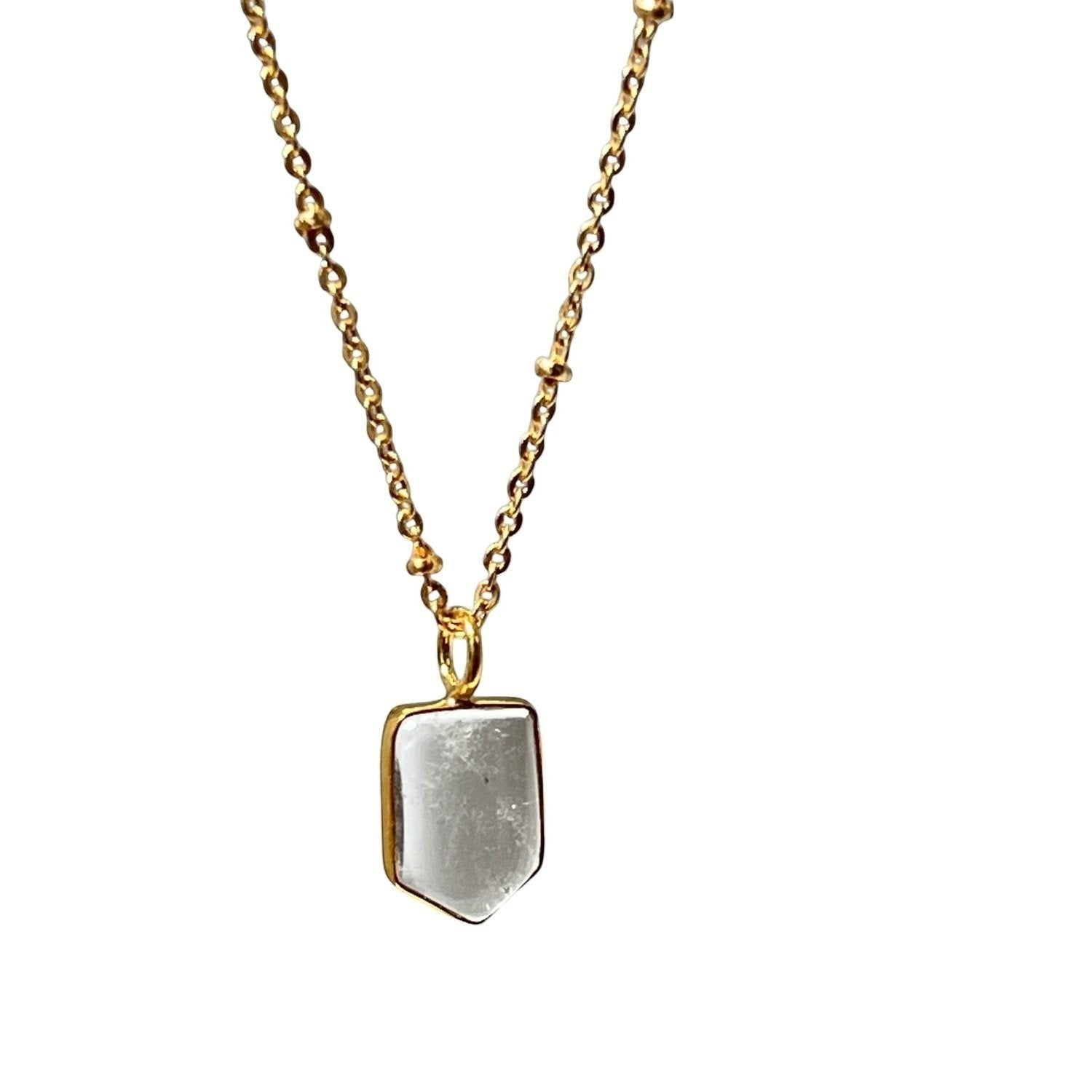 Mirabelle Jewellery gold-plated satellite chain necklace featuring a small rectangular rock crystal pendant.